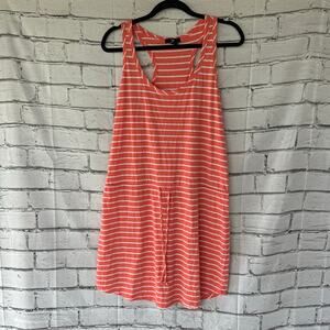 Preowned Gap Drawstring Waist Striped Tank Dress Large Coral White Racerback EUC